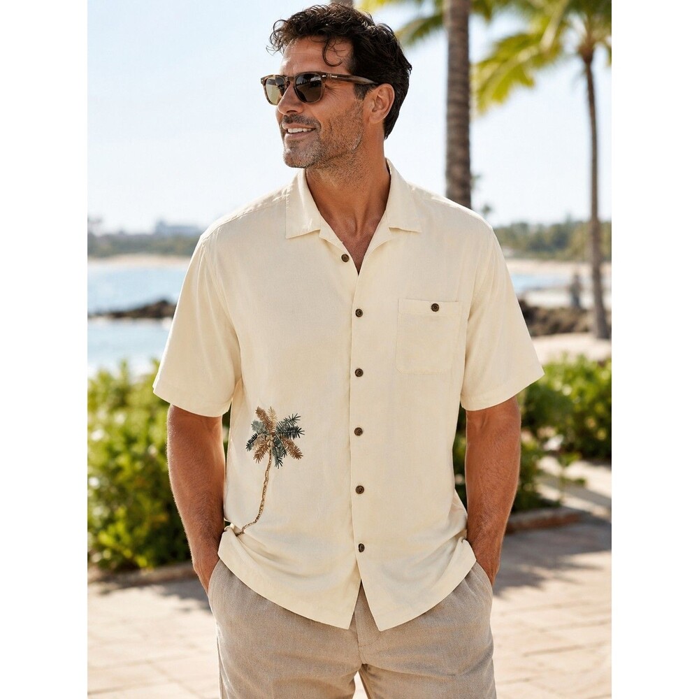 Bungalow Joe  Men's Cream Embroidered Palm Tree Hawaiian Camp Shirt Short Sleeve
